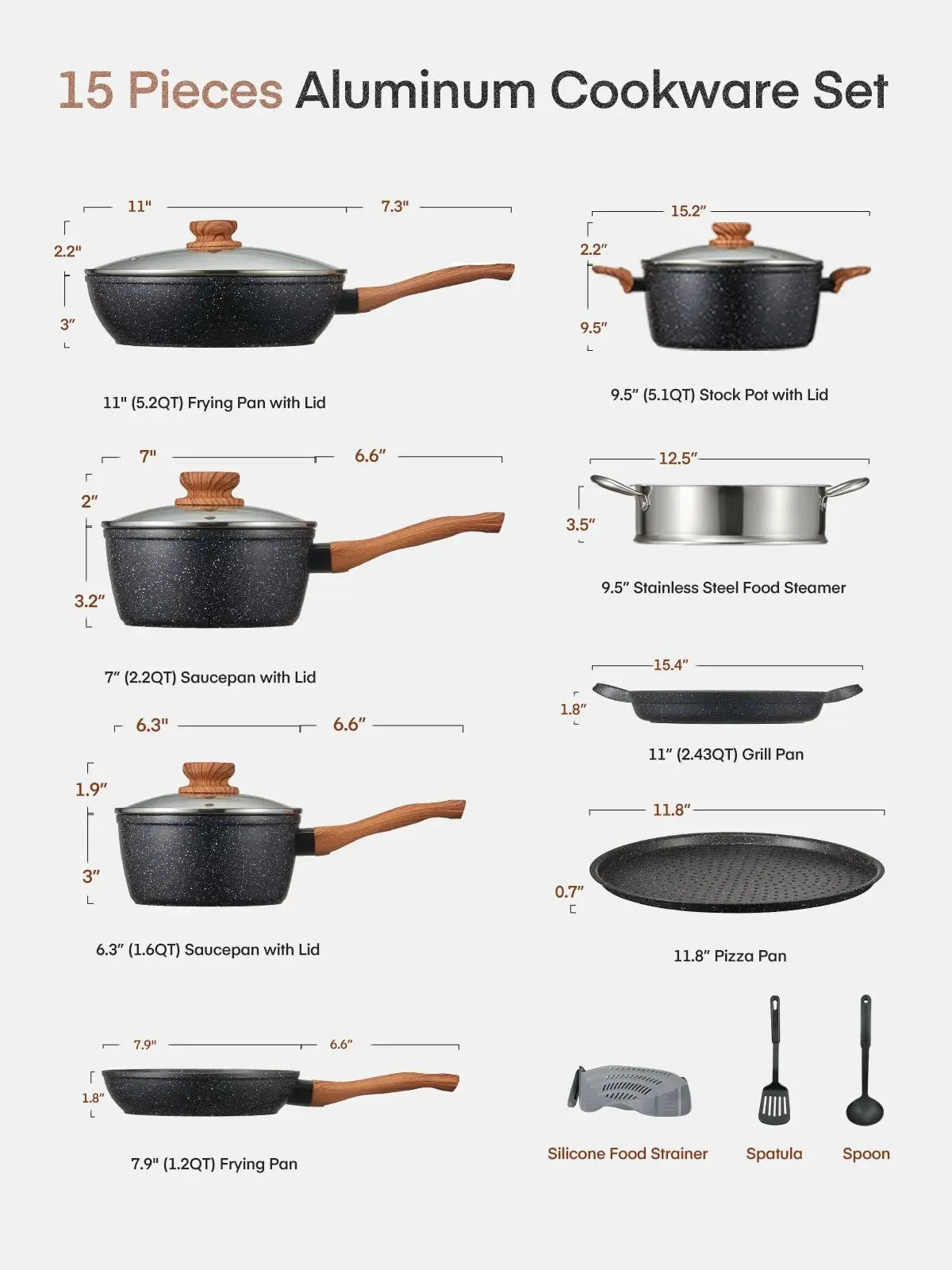 15-Piece Pots and Pans Set Non Stick, Induction Kitchen Cookware Sets, Aluminum, Black