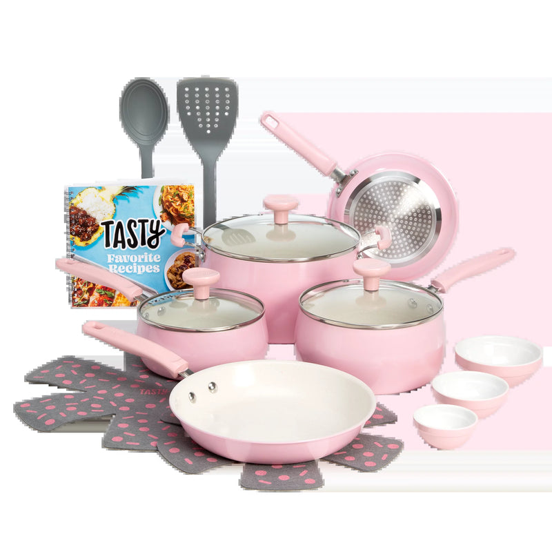 Get Cookin' with This Sassy 16 Piece Pink Non-Stick Aluminum Cookware Set – So Good, You’ll Want to Fry Everything!