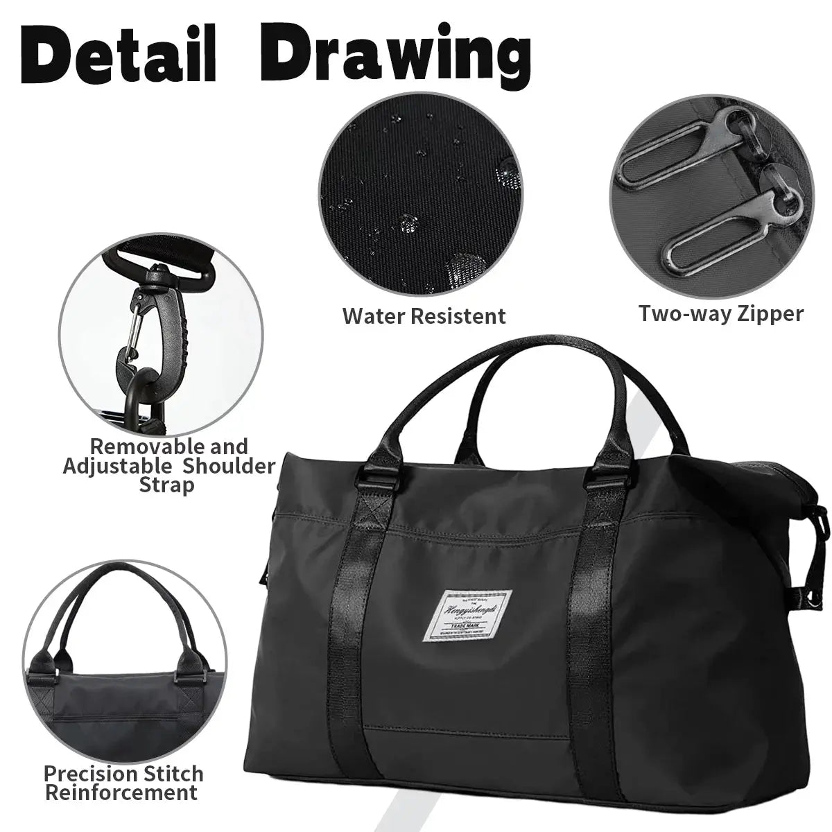 37L Waterproof Duffle Bag for Women, Tear-Resistant Gym Travel Bag with Adjustable Shoulder Strap & Trolley Sleeve, Airline Approved Carry-On Weekender Bag with Wet/Dry Pocket, Black