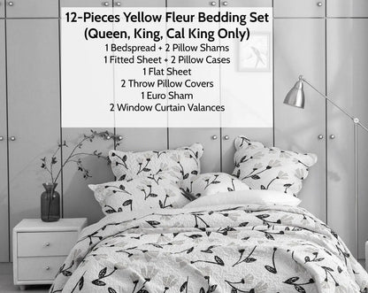 DaDa Bed in a Bag Bundle Set - Yellow Fleur Botanical Ivory Tan Floral Bedding Set (18112) DaDalogy Bedding Collection