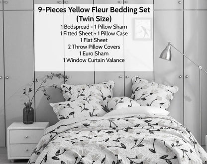 DaDa Bed in a Bag Bundle Set - Yellow Fleur Botanical Ivory Tan Floral Bedding Set (18112) DaDalogy Bedding Collection