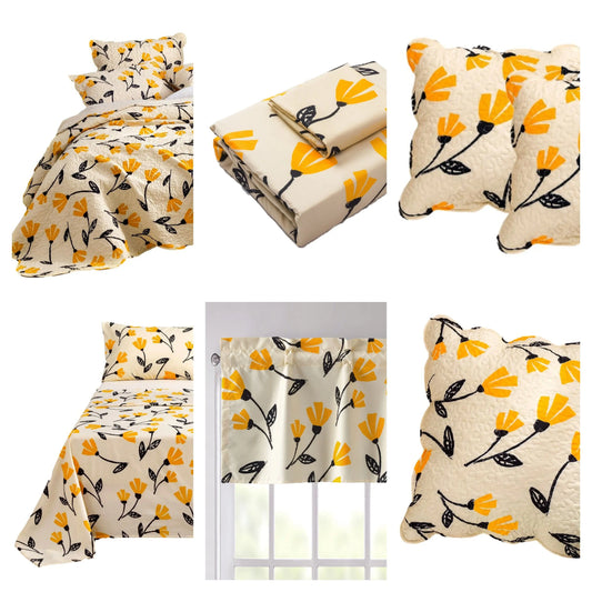 DaDa Bed in a Bag Bundle Set - Yellow Fleur Botanical Ivory Tan Floral Bedding Set (18112) DaDalogy Bedding Collection