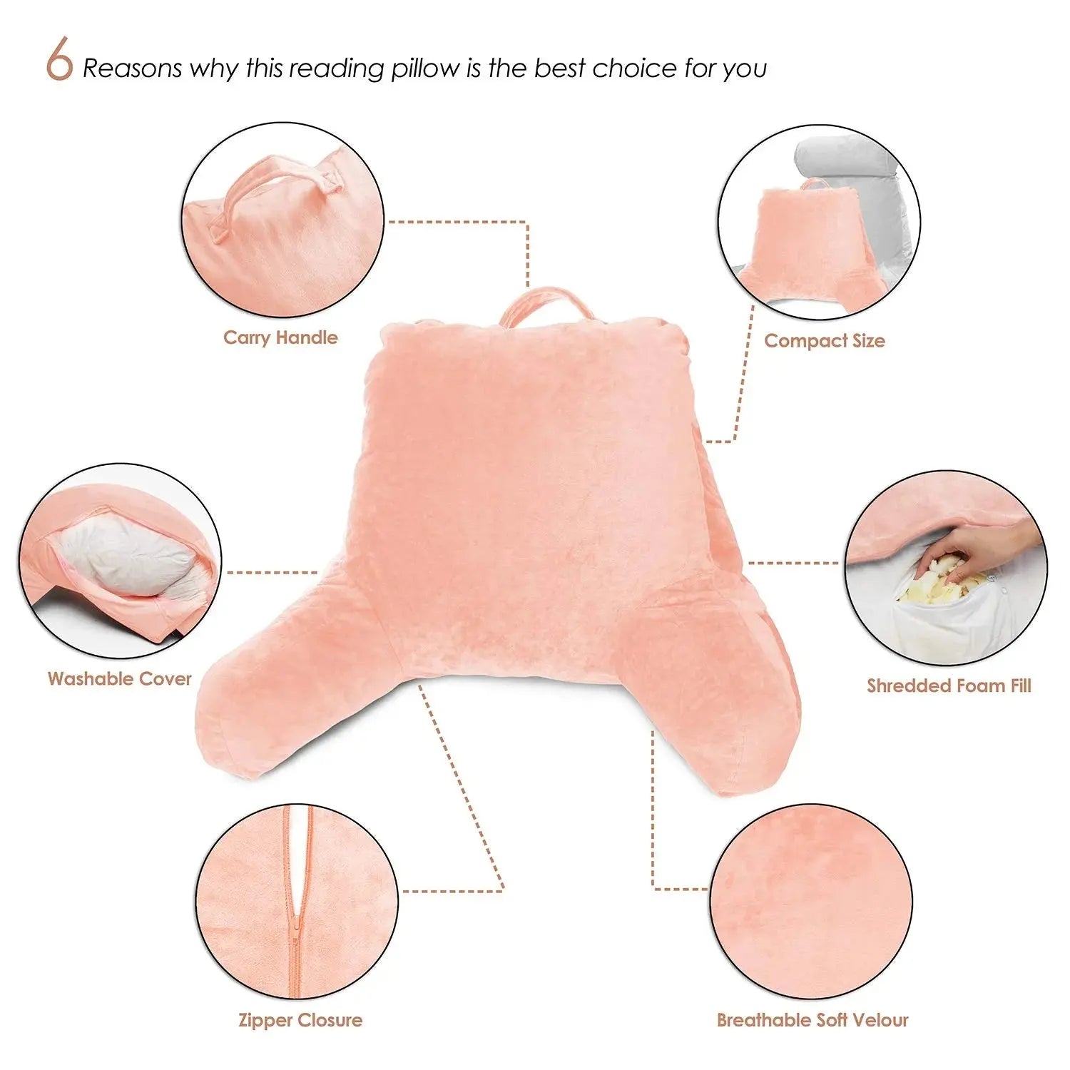 Bed Rest Reading Pillow with Arms and Pockets, for Kids Teens & Adults - Premium Shredded Memory Foam TV Pillow, Medium, Peach