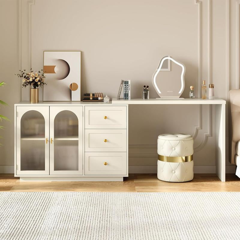 Royalcraft Makeup Vanity Desk, Extendable Corner Vanity Makeup Table with 3 Drawers, Modern Dressing Table for Bedroom, Cream White Makeup Vanity without Mirror