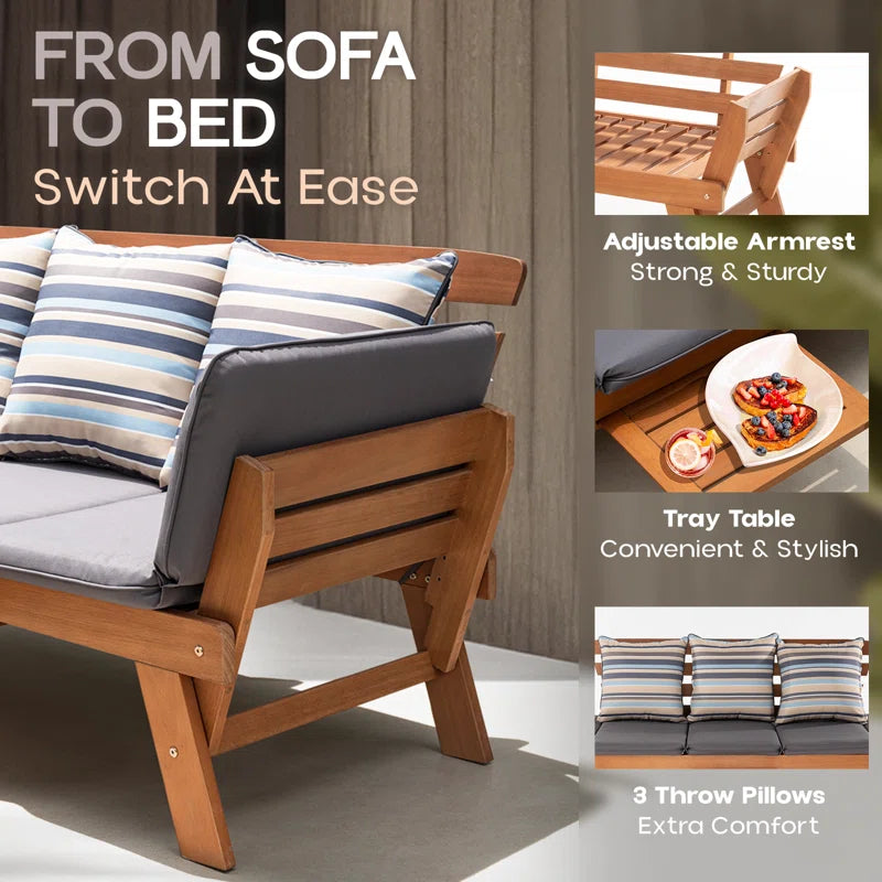 Chill in Style! 🌿✨ Meet the Katinka Eucalyptus Outdoor Daybed Sofa – complete with comfy pillows, a folding armrest, and a handy coffee tray! Perfect for your backyard oasis! ☕🌞