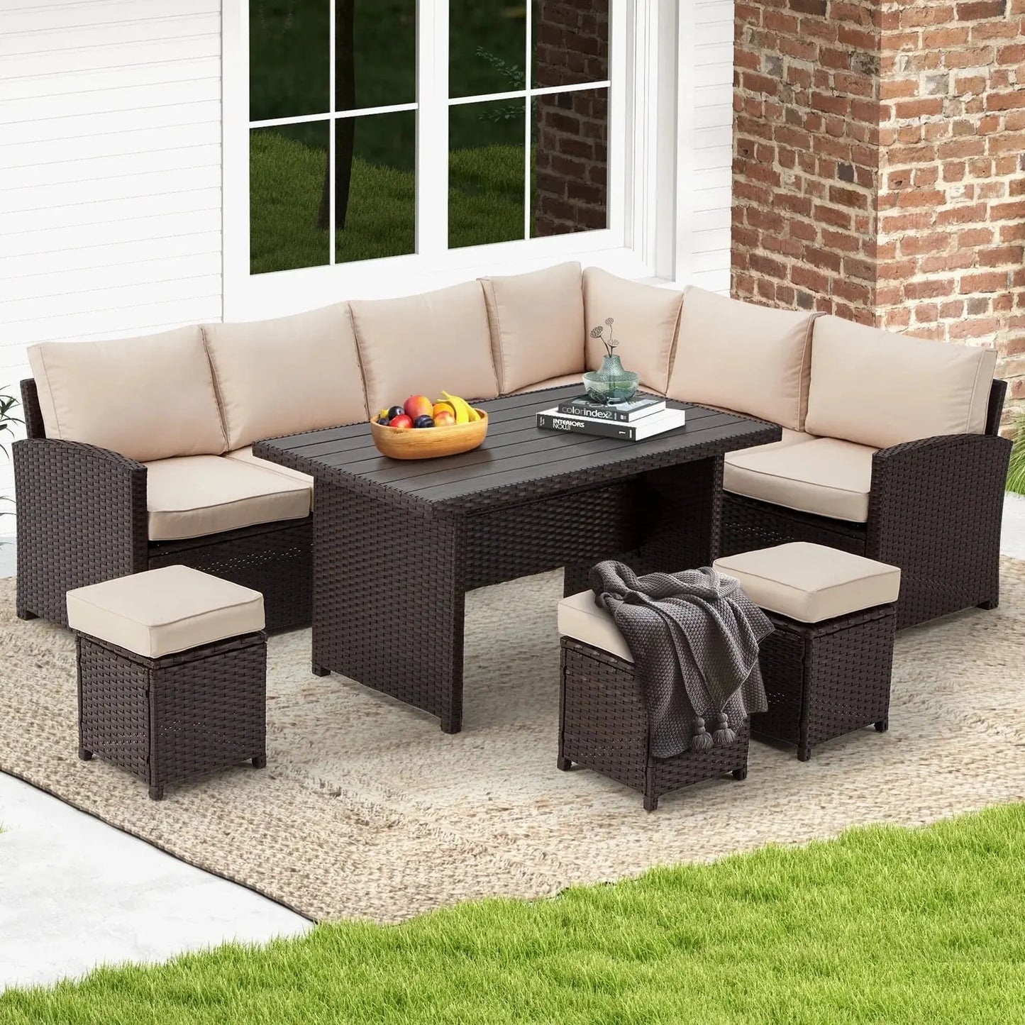 Transform Your Outdoor Experience with the Elegant 7 Piece Patio Conversation Set – Luxurious Beige Rattan Wicker Dining Furniture!