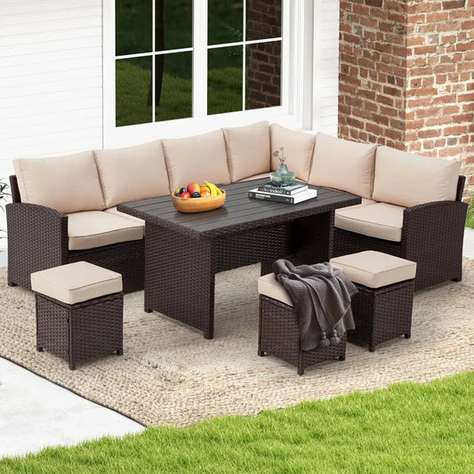 Transform Your Outdoor Experience with the Elegant 7 Piece Patio Conversation Set – Luxurious Beige Rattan Wicker Dining Furniture!