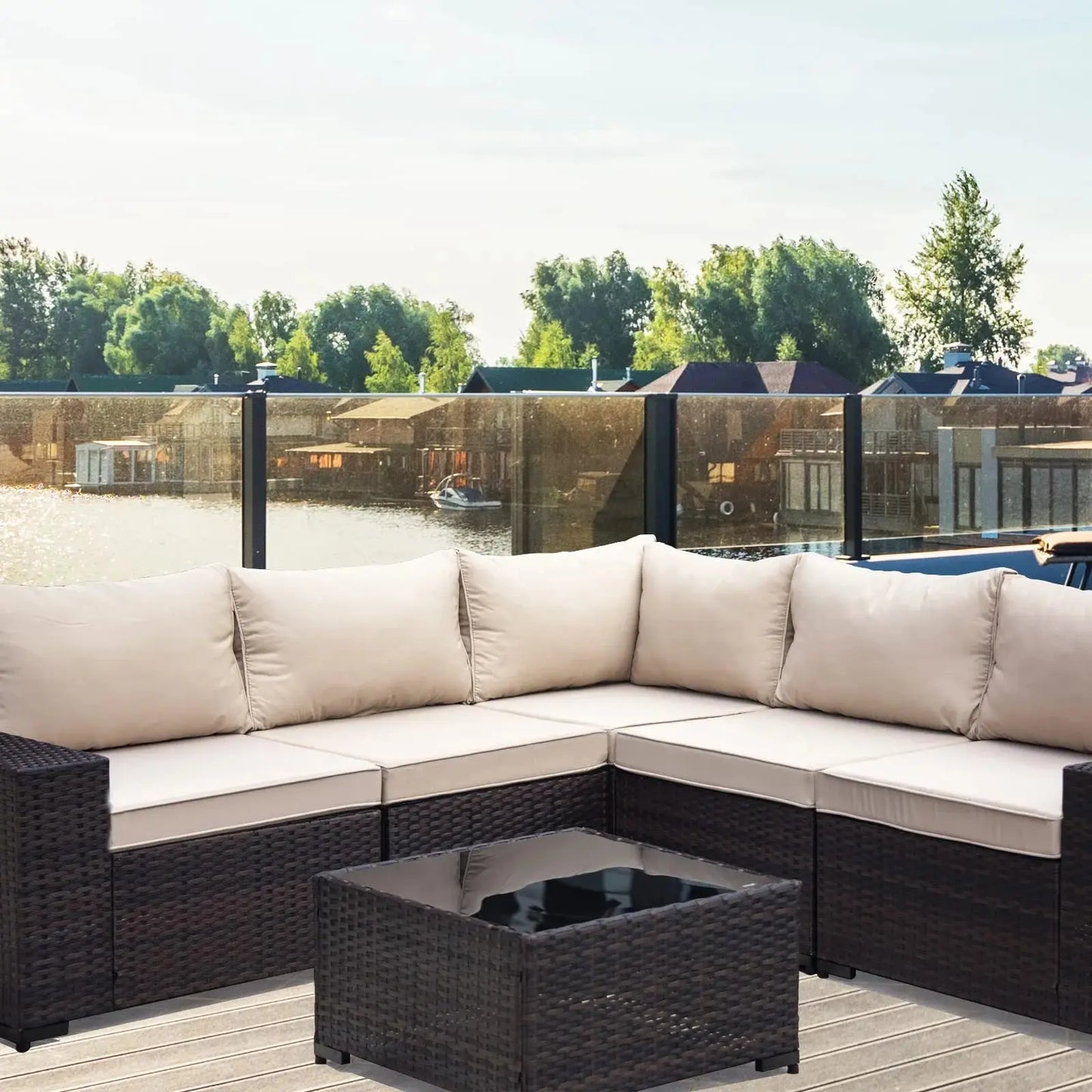 Patio Furniture Sets 6 Pieces PE Rattan Wicker Furniture Patio Sofa Set(Sand)