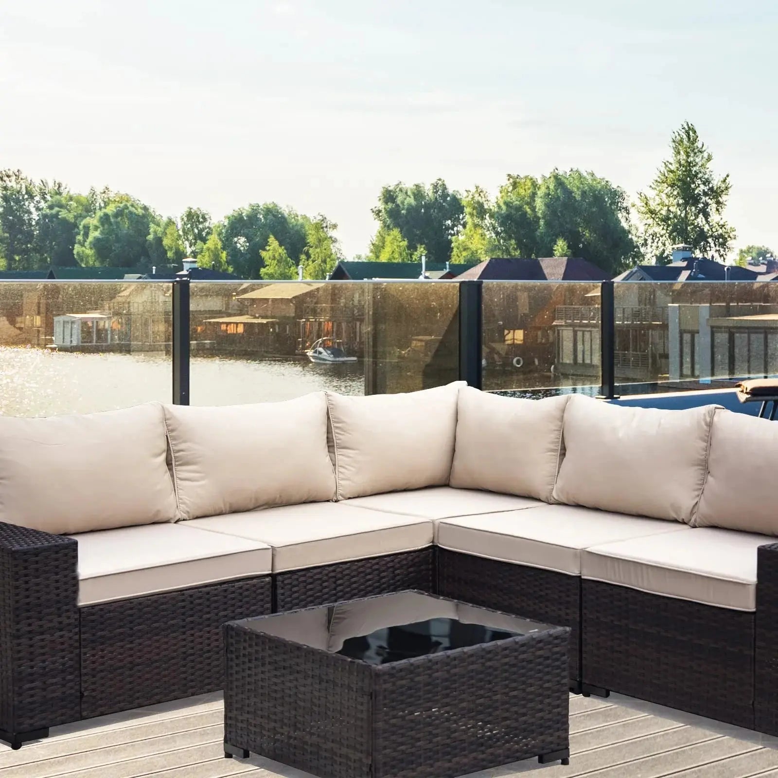 Patio Furniture Sets 6 Pieces PE Rattan Wicker Furniture Patio Sofa Set(Sand)