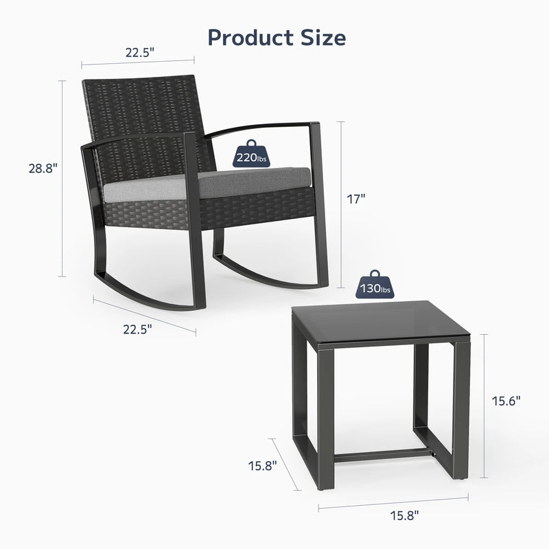 3-Piece Outdoor Rocking Chairs, Patio Furniture with Thickened Cushions and Coffee Table for Garden, Balcony, Porch, Backyard, Gray