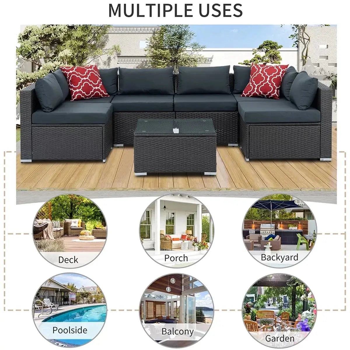 7 Piece Patio Furniture Sets Outdoor Sectional PE Rattan Outdoor Furniture Patio Conversation Set with Cushions and Glass Coffee Table, for Balcony Lawn and Garden, Dark Gray