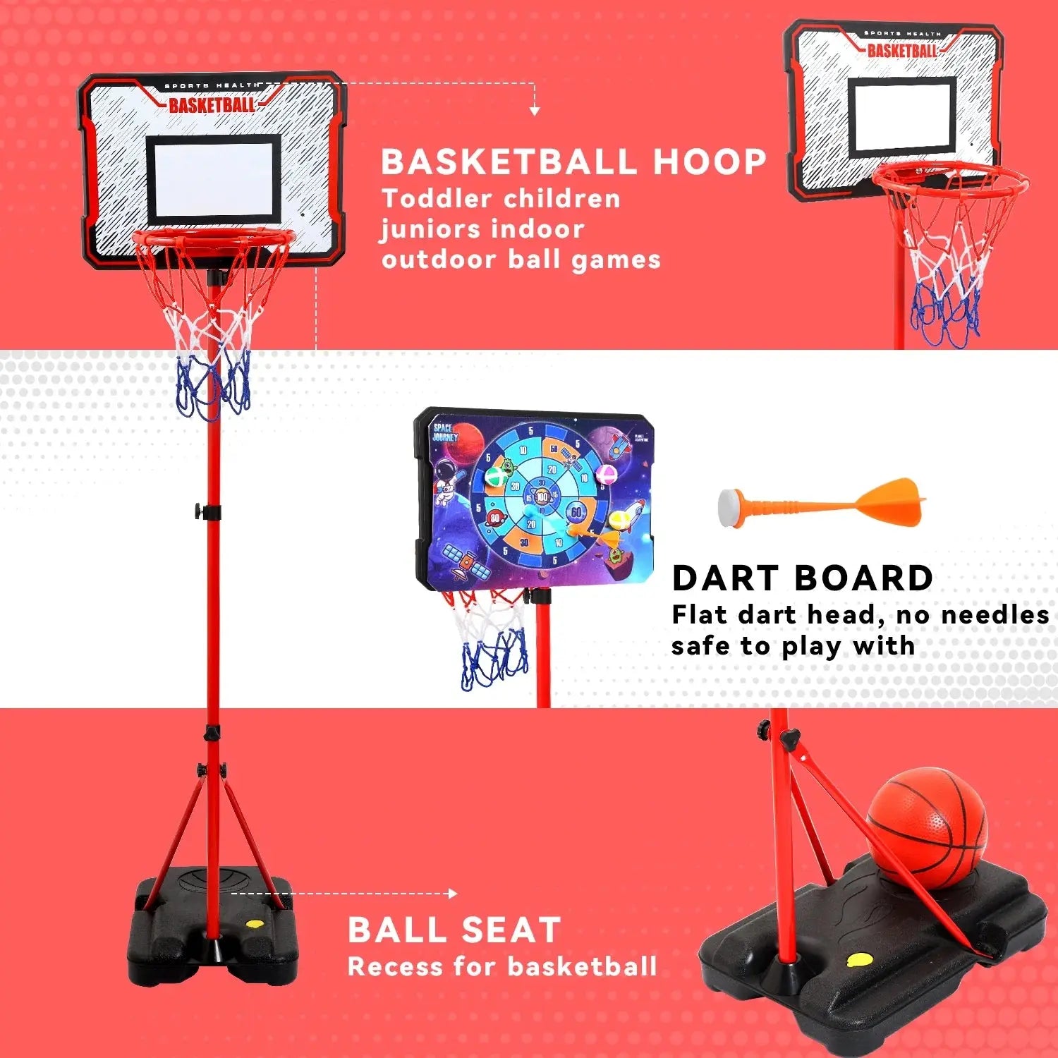 Kids Basketball Hoop, 2-In-1 Toddler Basketball Goal with Dart Board &amp; 4 Balls, Adjustable Height 2.9Ft-6.2Ft, Outdoor Basketball Toy Gifts for 3-12 Year Old Boys Girls