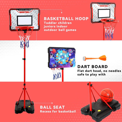 Kids Basketball Hoop, 2-In-1 Toddler Basketball Goal with Dart Board &amp; 4 Balls, Adjustable Height 2.9Ft-6.2Ft, Outdoor Basketball Toy Gifts for 3-12 Year Old Boys Girls