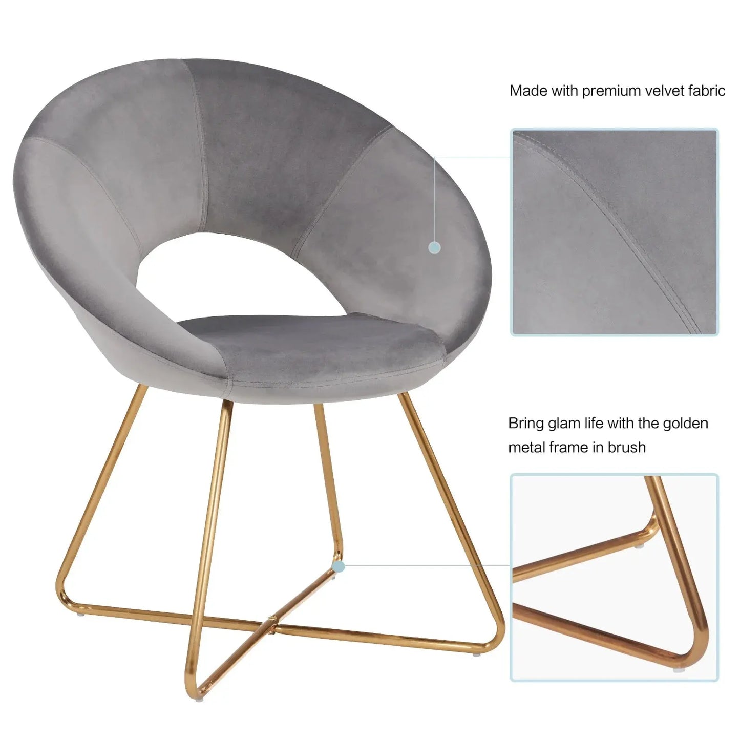 Accent Chair with Gold Metal Legs Modern Velvet Vanity Chair for Living Room Bedroom Gray