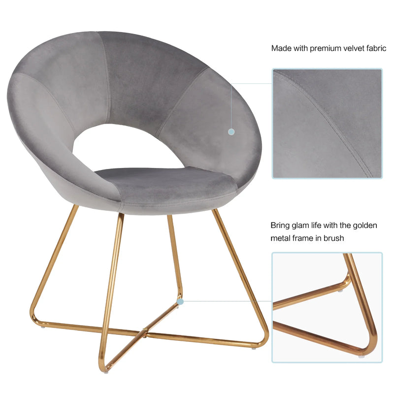 Accent Chair with Gold Metal Legs Modern Velvet Vanity Chair for Living Room Bedroom Gray