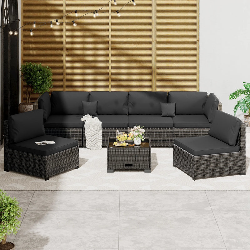 7-Piece Outdoor Patio Furniture Set, All-Weather PE Rattan Sectional Sofa with Cushions and Coffee Table