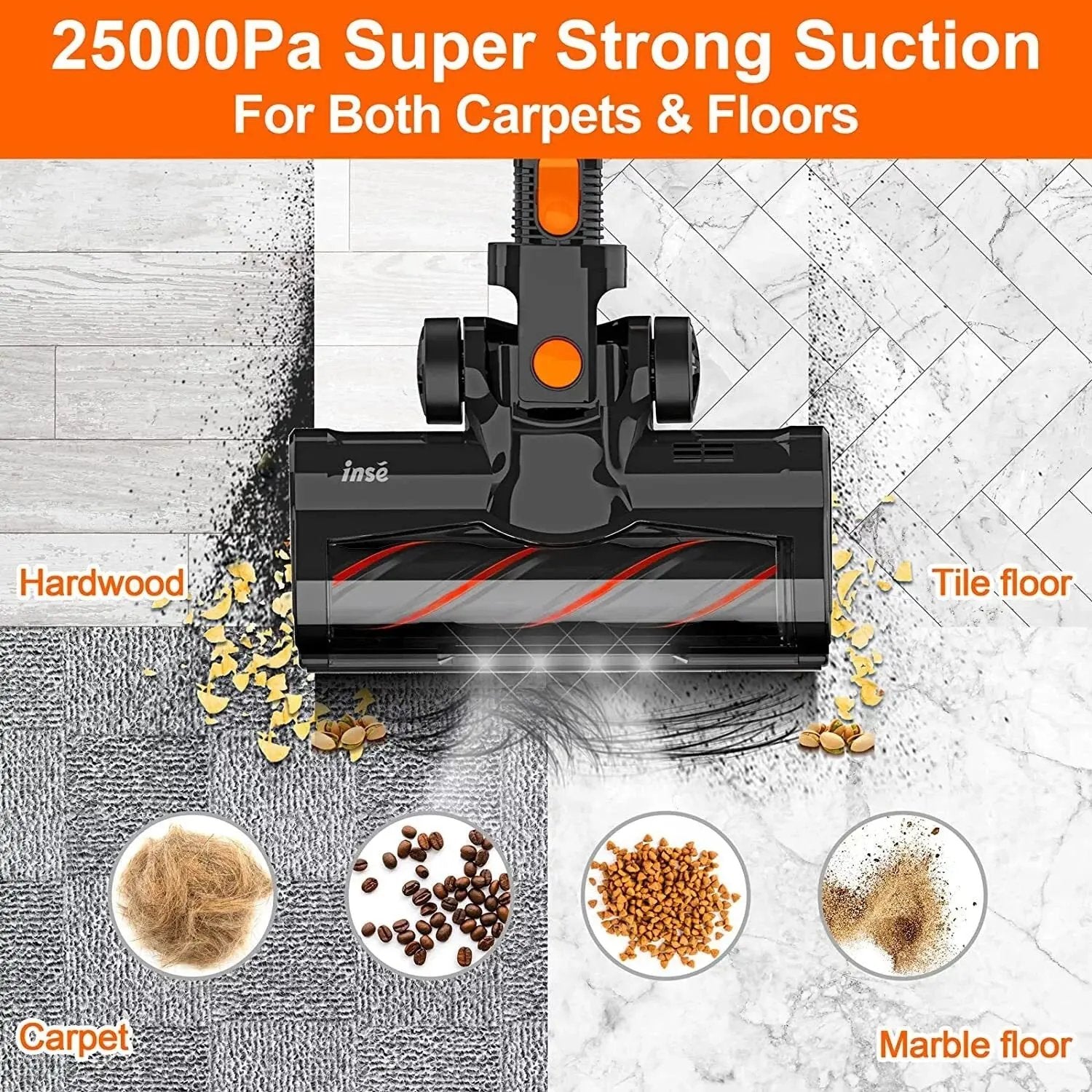 Cordless Stick Vacuum Cleaner, 25Kpa Powerful 6-in-1 Rechargeable Model with 2500mAh Battery for Up to 45 Minutes Runtime, 300W Brushless Motor Ideal for Pet Hair on Hard Floors and Carpets