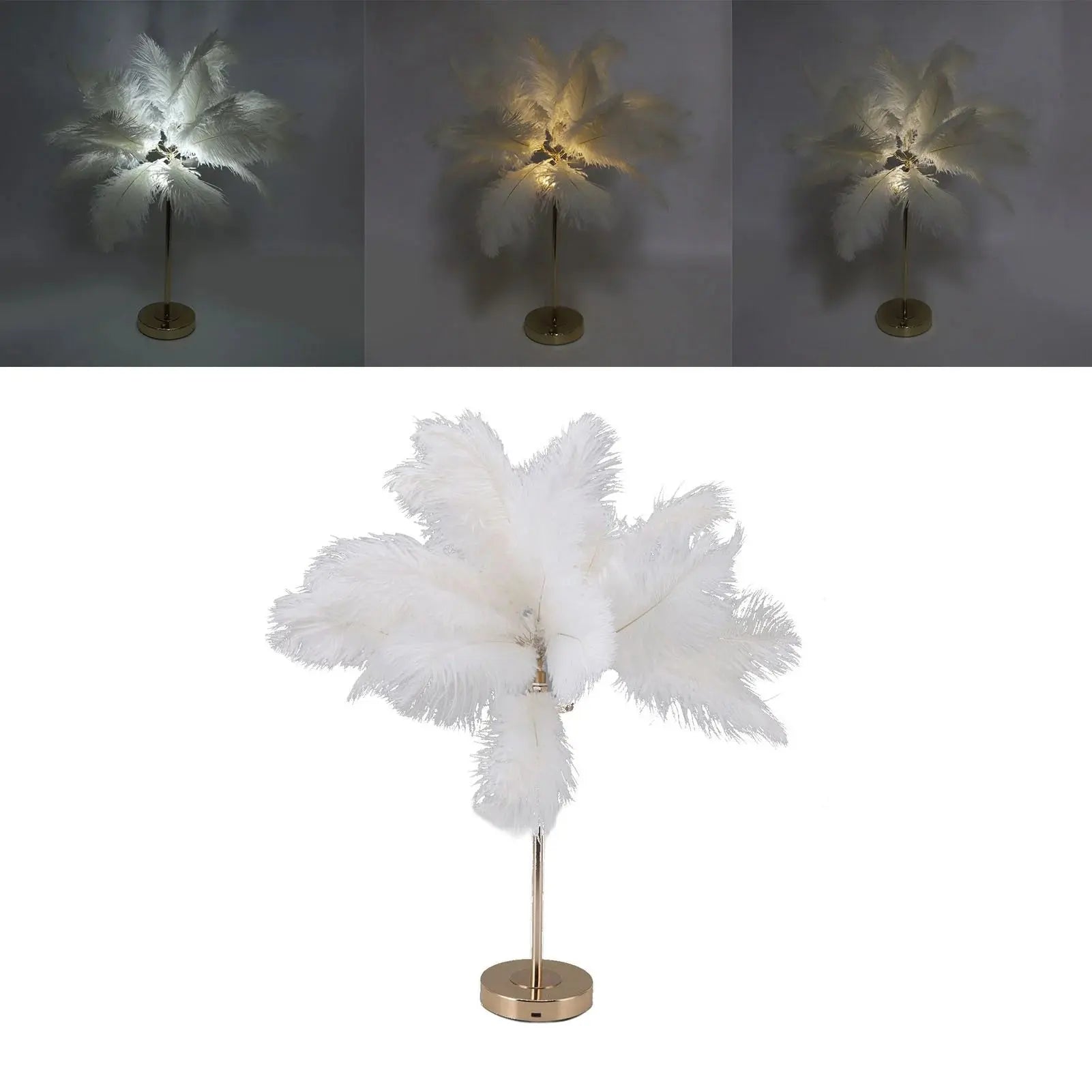 Touch Switch Feather Lamp, Feather Table Lamp, Touch Switch USB Ostrich Feather Lamp 3 Color Dimming Desk Lamp with Gold Metal Base 30Pcs Feather