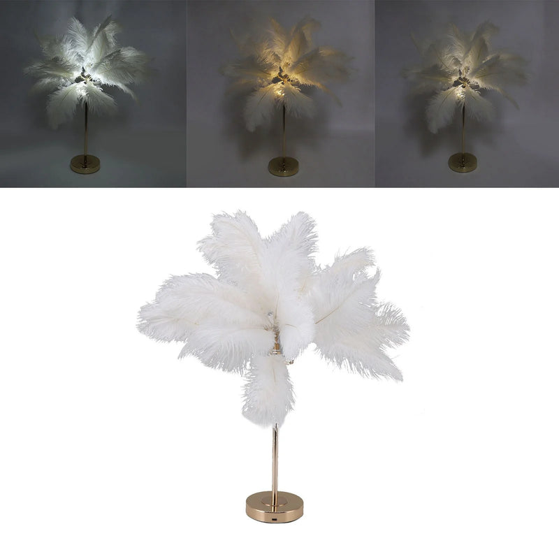 Touch Switch Feather Lamp, Feather Table Lamp, Touch Switch USB Ostrich Feather Lamp 3 Color Dimming Desk Lamp with Gold Metal Base 30Pcs Feather