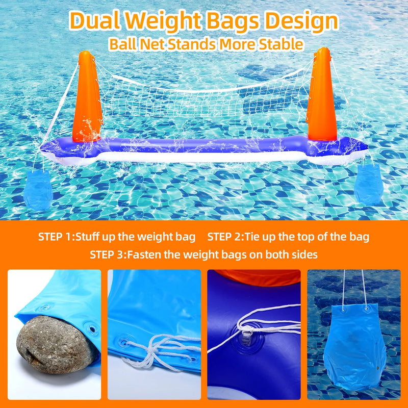 Inflatable Pool Toys, 2-In-1 Swimming Pool Basketball & Volleyball Sets, Floating Basketball Hoop and Water Football, Summer Pool Game for Kids and Adults