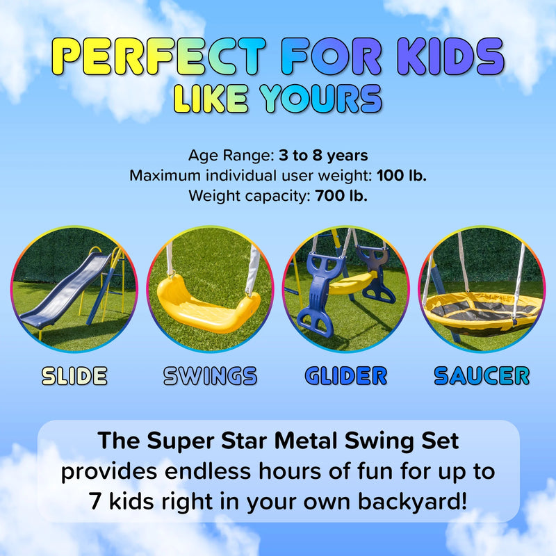Elevate Playtime! 🌟 Super Star Metal Swing Set with Saucer & Glider Swings + Lifetime Warranty on Slide! Perfect for Kids 3-8! 🛝🎉