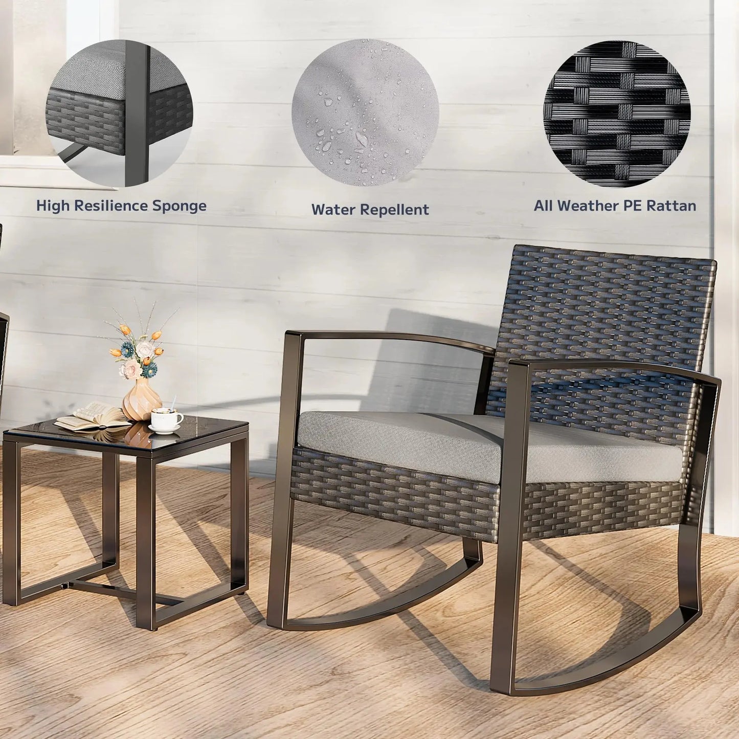 3-Piece Outdoor Rocking Chairs, Patio Furniture with Thickened Cushions and Coffee Table for Garden, Balcony, Porch, Backyard, Gray