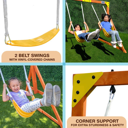 My First Wooden Swing Set with Dual Swings, Rock Climbing Feature, and 6-Foot Slide