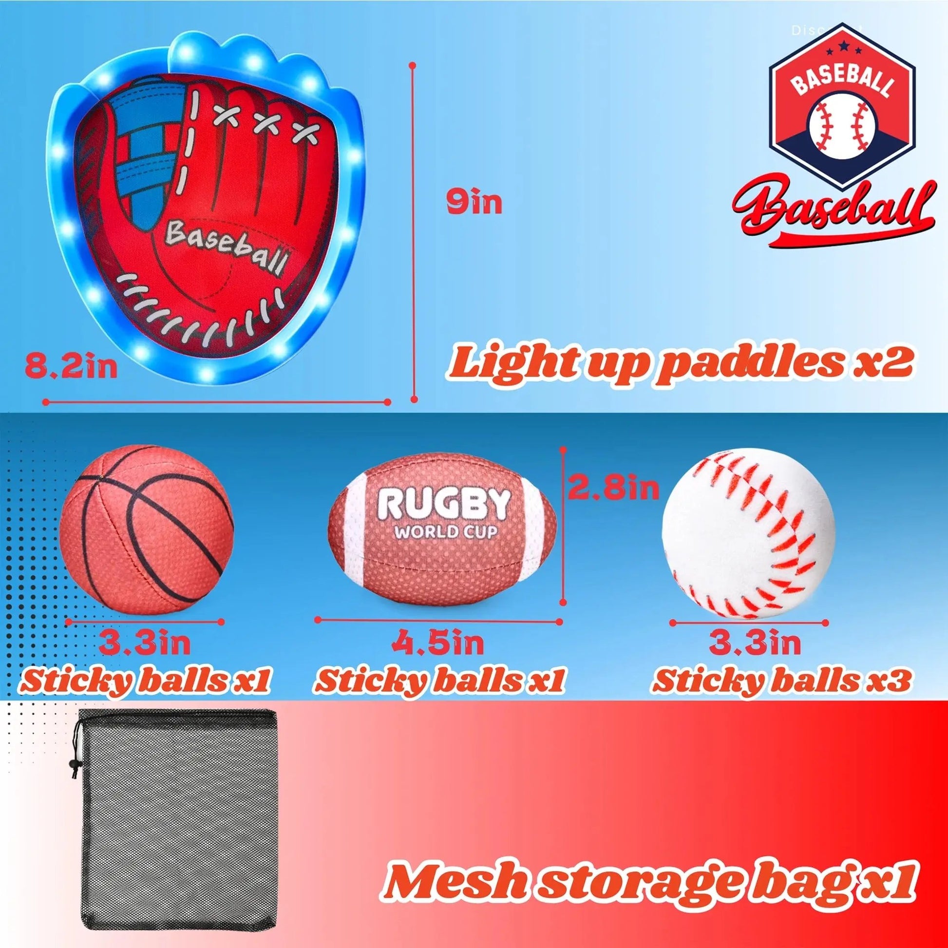 Toss and Catch Velcro Ball Set - LED Baseball Training Glove & Catch Ball Toys for Kids, Toddler Baseball Glove Set with 5 Balls, Outdoor Toys for Kids Ages 3-8