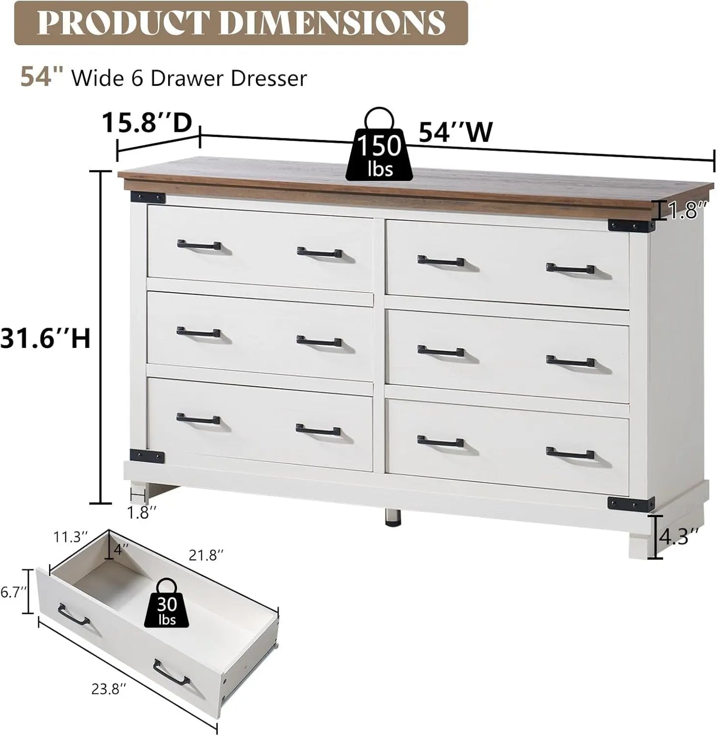 5 Pieces Farmhouse Bedroom Set, Includes Wood Rustic Queen Bed Frame with 54" Tall Headboard, 6 Drawer Dresser Chest, 5 Drawer Tall Dresser, Nightstands Set of 2 with Charging Station, White