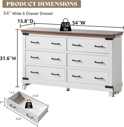 5 Pieces Farmhouse Bedroom Set, Includes Wood Rustic Queen Bed Frame with 54" Tall Headboard, 6 Drawer Dresser Chest, 5 Drawer Tall Dresser, Nightstands Set of 2 with Charging Station, White