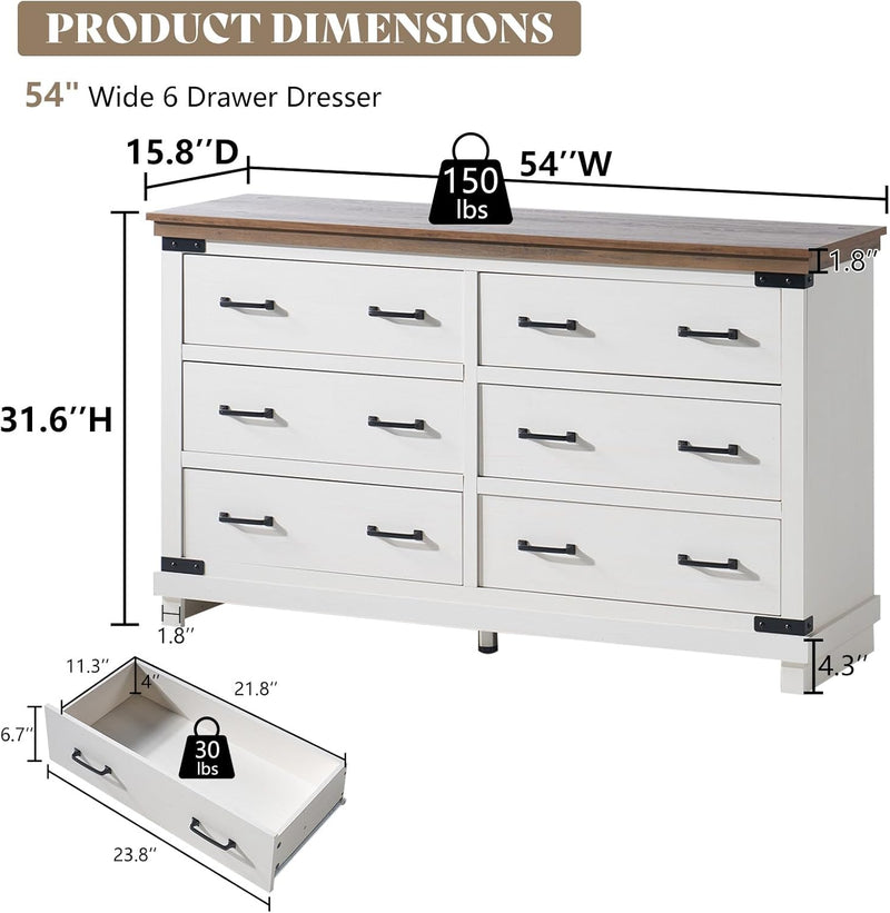 5 Pieces Farmhouse Bedroom Set, Includes Wood Rustic Queen Bed Frame with 54" Tall Headboard, 6 Drawer Dresser Chest, 5 Drawer Tall Dresser, Nightstands Set of 2 with Charging Station, White
