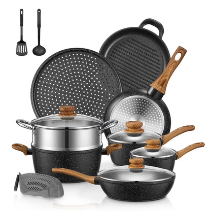 15-Piece Pots and Pans Set Non Stick, Induction Kitchen Cookware Sets, Aluminum, Black