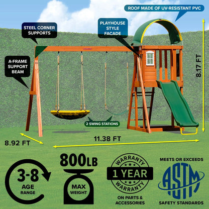 Amelia Wooden Swing Set with 2-Person Saucer Swing, 6' Slide & Play Fort - Heavy Duty & Lifetime Warranty!