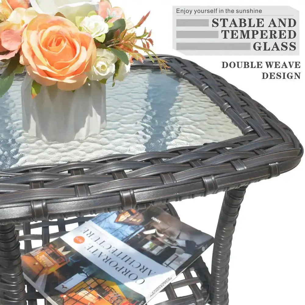 New Kenard Brown 7-Piece Wicker Patio Fire Pit Conversation Set with Beige Cushions and Swivel Rocking Chairs