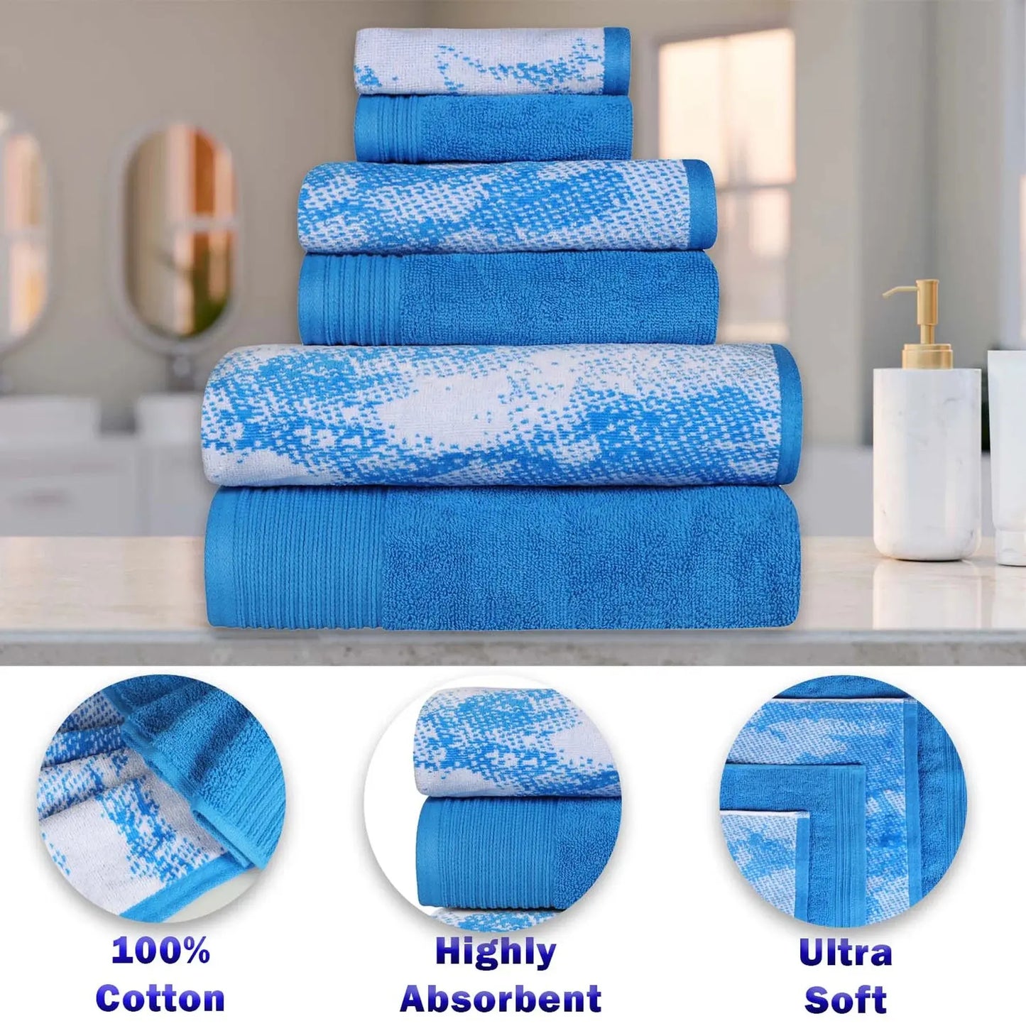 Cotton Marble Jacquard Border Bath Towel (Set of 4), Blue