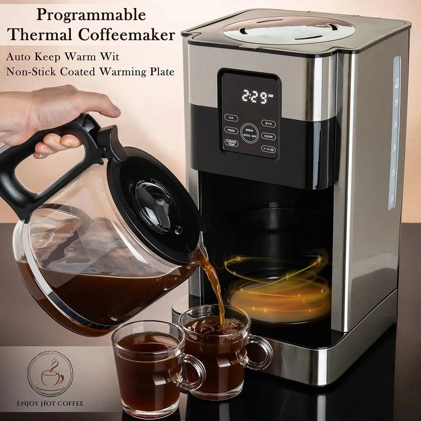 12-Cup Programmable Drip Coffee Maker with LCD Touch Display, Borosilicate Glass Carafe, Anti-Drip System, and Stainless Steel Finish