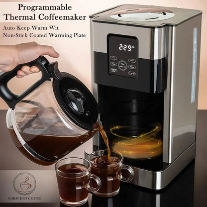 12-Cup Programmable Drip Coffee Maker with LCD Touch Display, Borosilicate Glass Carafe, Anti-Drip System, and Stainless Steel Finish
