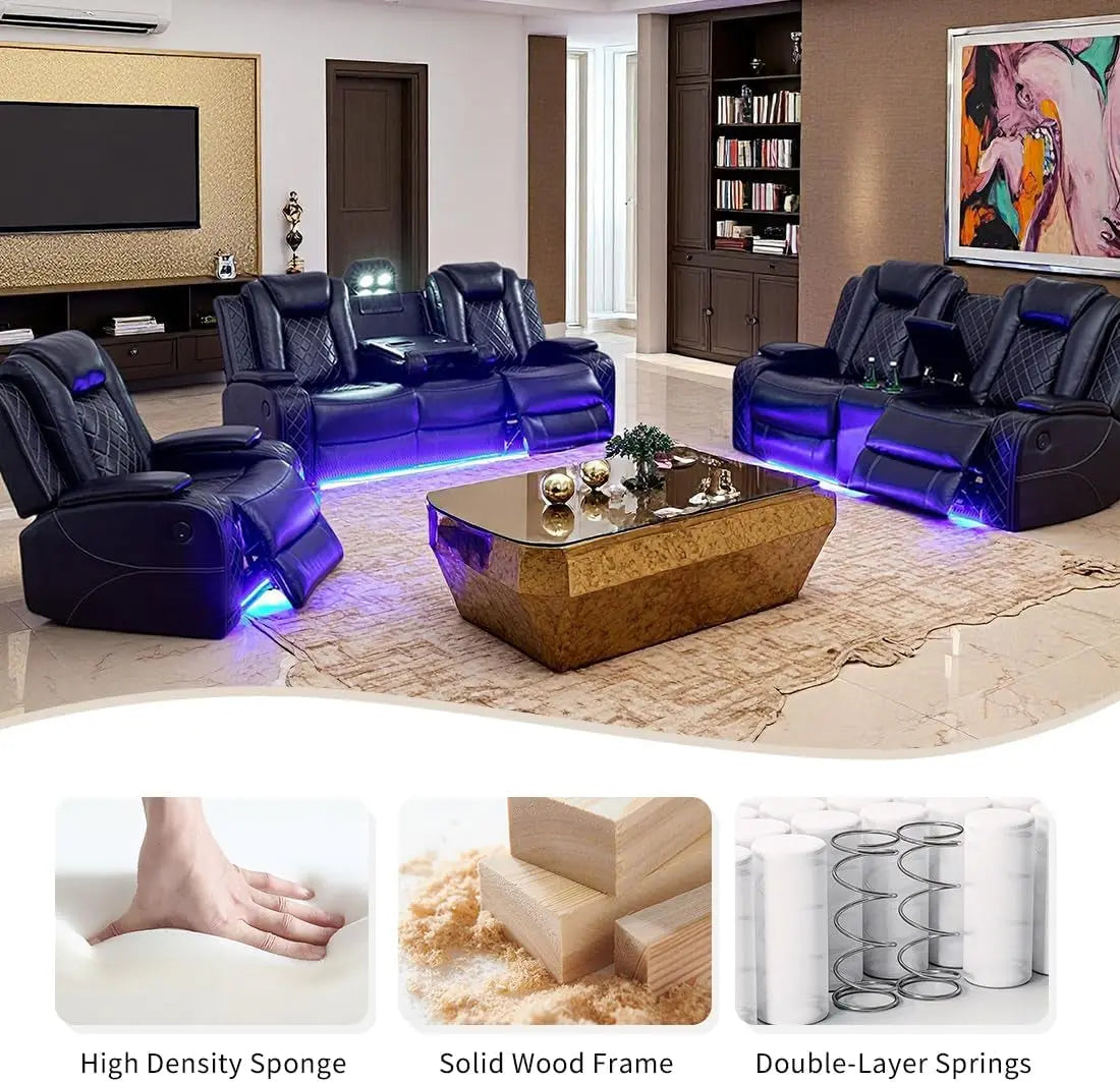 Power Recliner Sofa Set, Black Leather 3 Pieces Sectional Couch, Living Room Furniture Sets with LED Light, Modern Power Reclining Sets with Storage Console/Cup Holder for Living Room