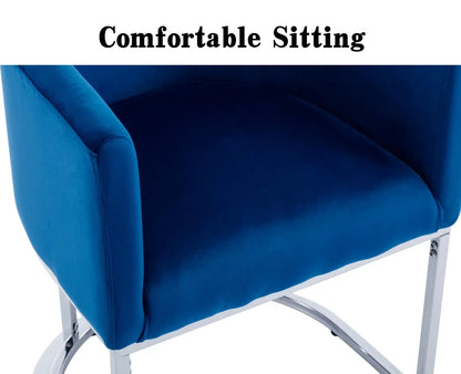 Modern Velvet Dining Chair, Mid-Century Upholstered Barrel Kitchen Chairs Fabric Side Chair with Metal Legs and Curved Back for Living Room Dining Room Bedroom, Blue