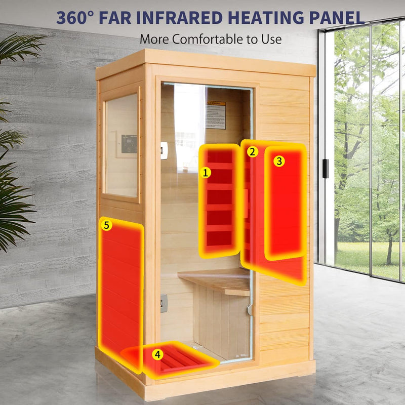 Far Infrared Sauna Home Sauna Spa Room Canadian Hemlock Wood 800W Indoor Saunas Low EMF 110V with Control Panel and Tempered Glass Door, Room: 35.2 * 27.6 * 61.6Inch