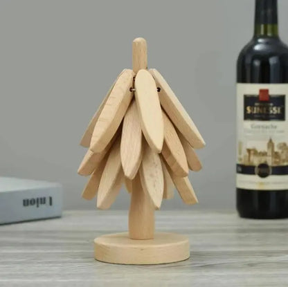 Handcrafted Wooden Trivet Tree – Hanging Leaf Trivet Holder & Heat Pads – Rustic Kitchen Decor