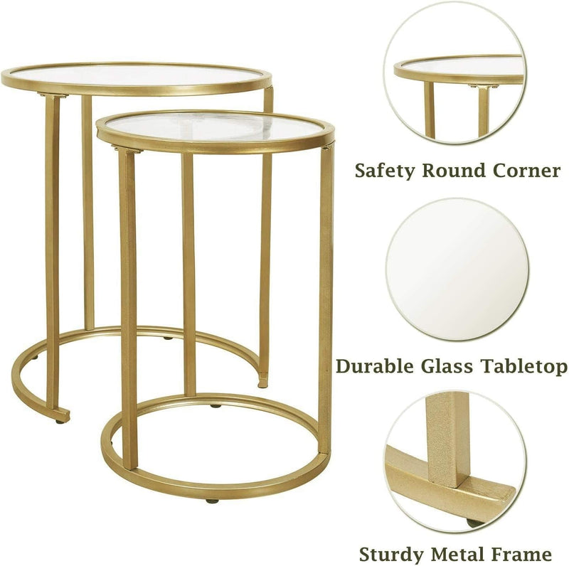 Set of 2 Gold Glass Nesting Side Tables - Round Stacking Coffee Tables for Small Spaces, Ideal for Living Room and Bedroom Decor
