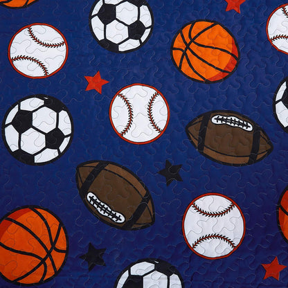 Blue Twin Quilt Set, Football Baseball Print Quilt Set Basketball Sports Soccer Fan Theme Bedspread for Twin Bed Quilted with Pillow Sham(Football, Twin)