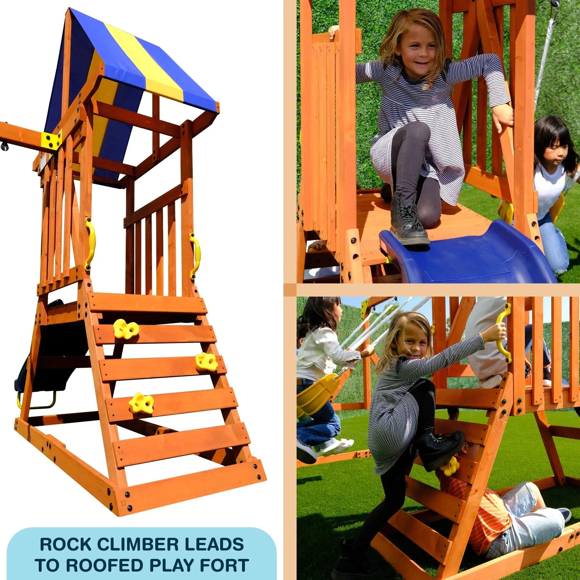 My First Wooden Swing Set with Dual Swings, Rock Climbing Feature, and 6-Foot Slide