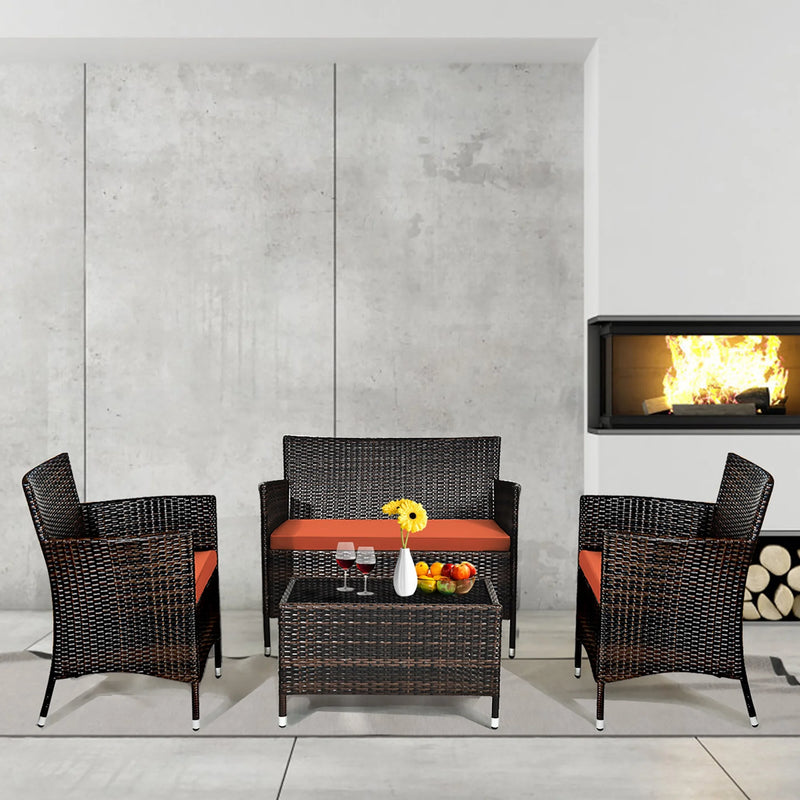 4PCS Patio Rattan Conversation Furniture Set Outdoor W/ Orange Cushion