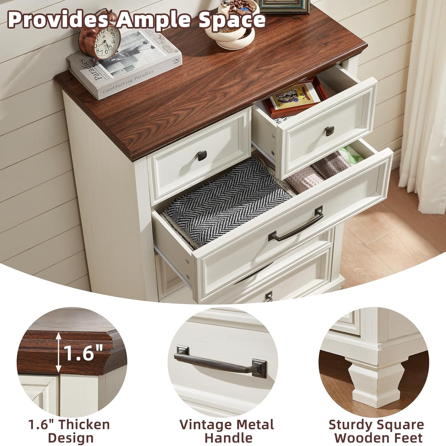Charming Farmhouse Bedroom Dresser and Nightstand Set - Rustic 6 Drawer Tall & Low Dresser with 2 USB Ports and 2 Drawer Nightstand for Elegant Storage Solutions in White