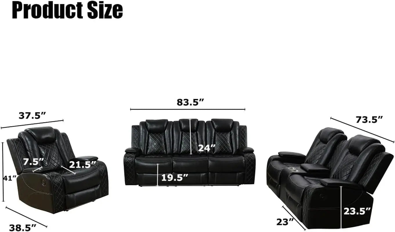 Power Recliner Sofa Set, Black Leather 3 Pieces Sectional Couch, Living Room Furniture Sets with LED Light, Modern Power Reclining Sets with Storage Console/Cup Holder for Living Room
