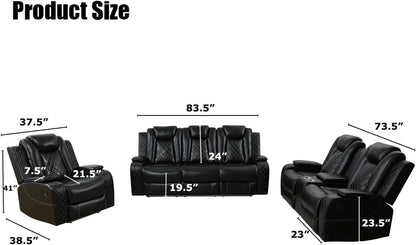 Power Recliner Sofa Set, Black Leather 3 Pieces Sectional Couch, Living Room Furniture Sets with LED Light, Modern Power Reclining Sets with Storage Console/Cup Holder for Living Room