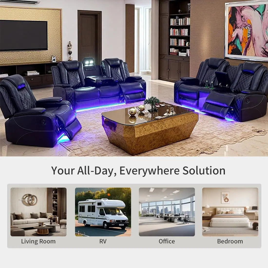 Power Recliner Sofa Set, Black Leather 3 Pieces Sectional Couch, Living Room Furniture Sets with LED Light, Modern Power Reclining Sets with Storage Console/Cup Holder for Living Room