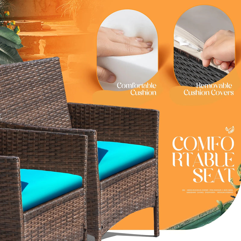 4 Piece Outdoor Patio Furniture PE Rattan Wicker Table and Chairs Set with Cushions, Blue